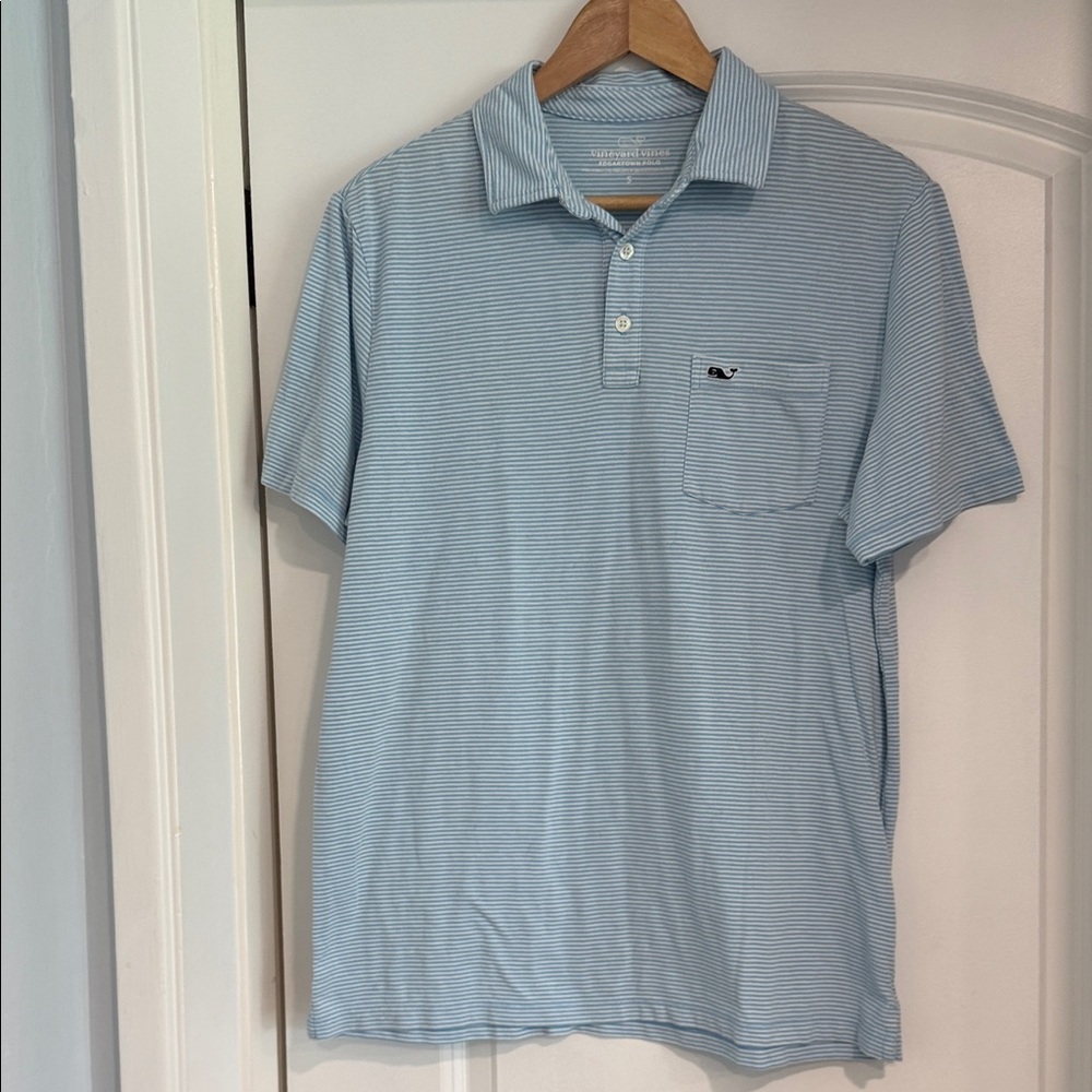 Vineyard Vines Light Blue White Thin-Striped Polo Pocket men’s Small Shirt S